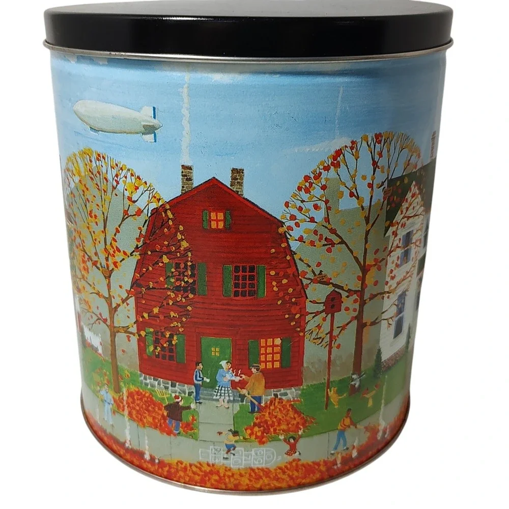 Vintage Trails End Autumn Tin Canister Fall Leaves and Houses Neighborhood Round